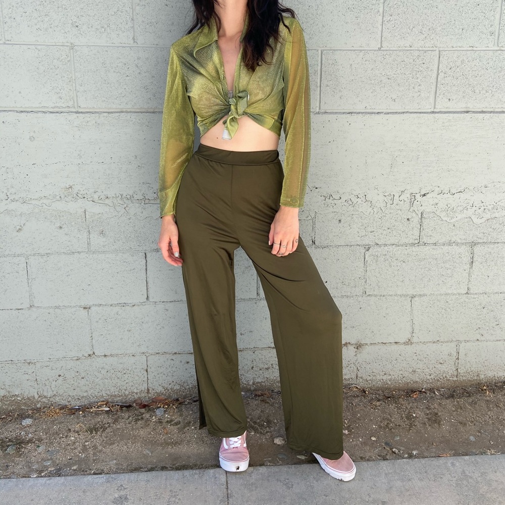 $5!! Green Flowy Pants with Slit, 2 - Picture 5 of 5